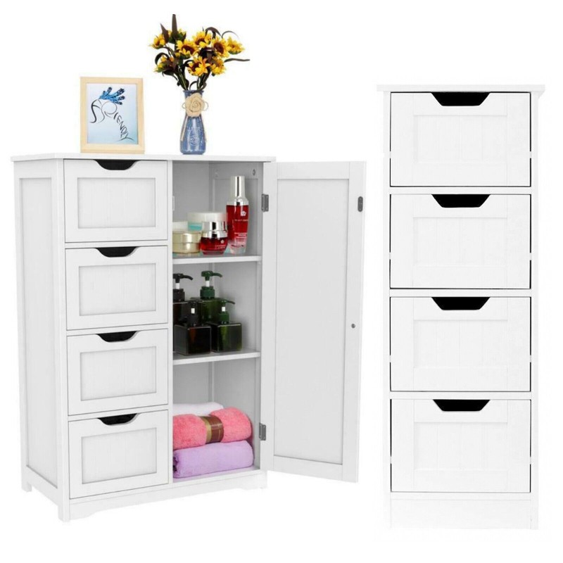 Bathroom Wood Cabinet Storage 4 Drawer 1 Door Free Standing Cupboard Unit White