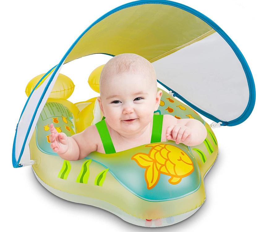 Sloosh Goldfish Pattern Inflatable Baby Swimming Float Detachable Sun Canopy L