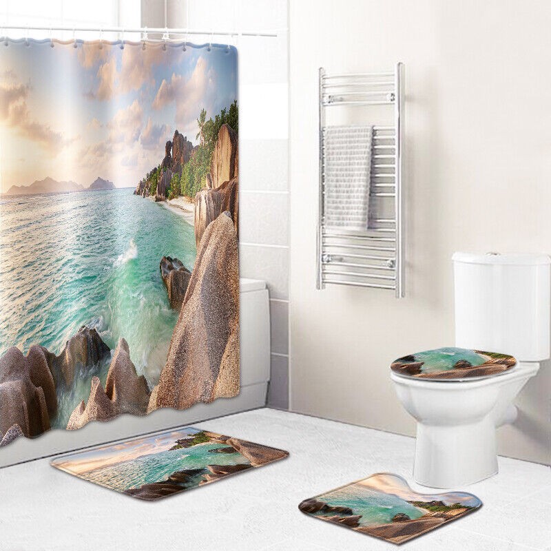 Beach 3D Printed Waterproof Shower Curtain with Rug Toilet Cover Bath Mat Set-.-