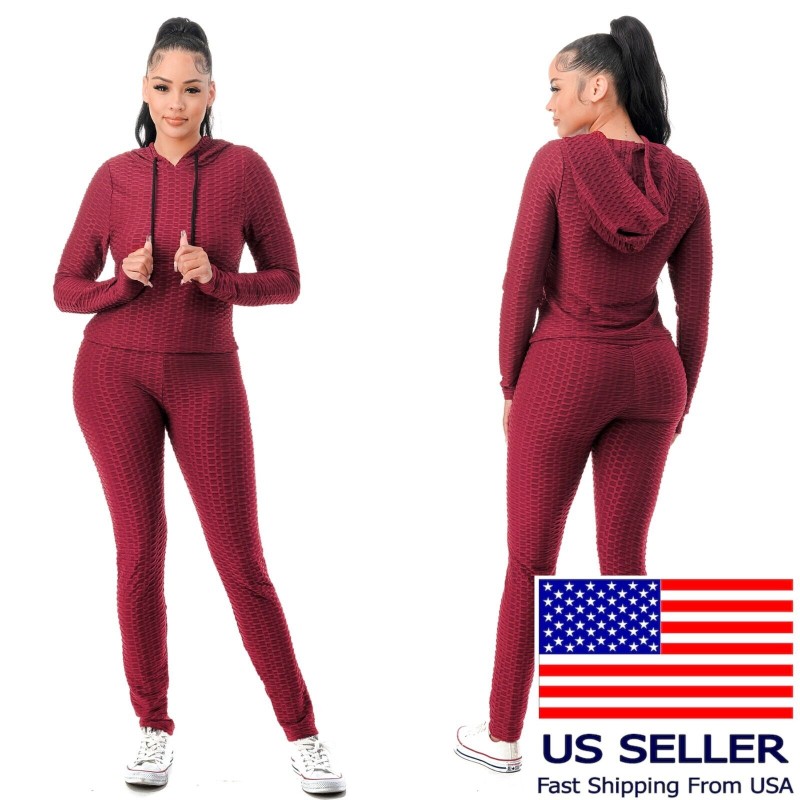 Women Texture 2 Piece Outfit Hoodie Top and Yoga Leggings Pants Workout Set